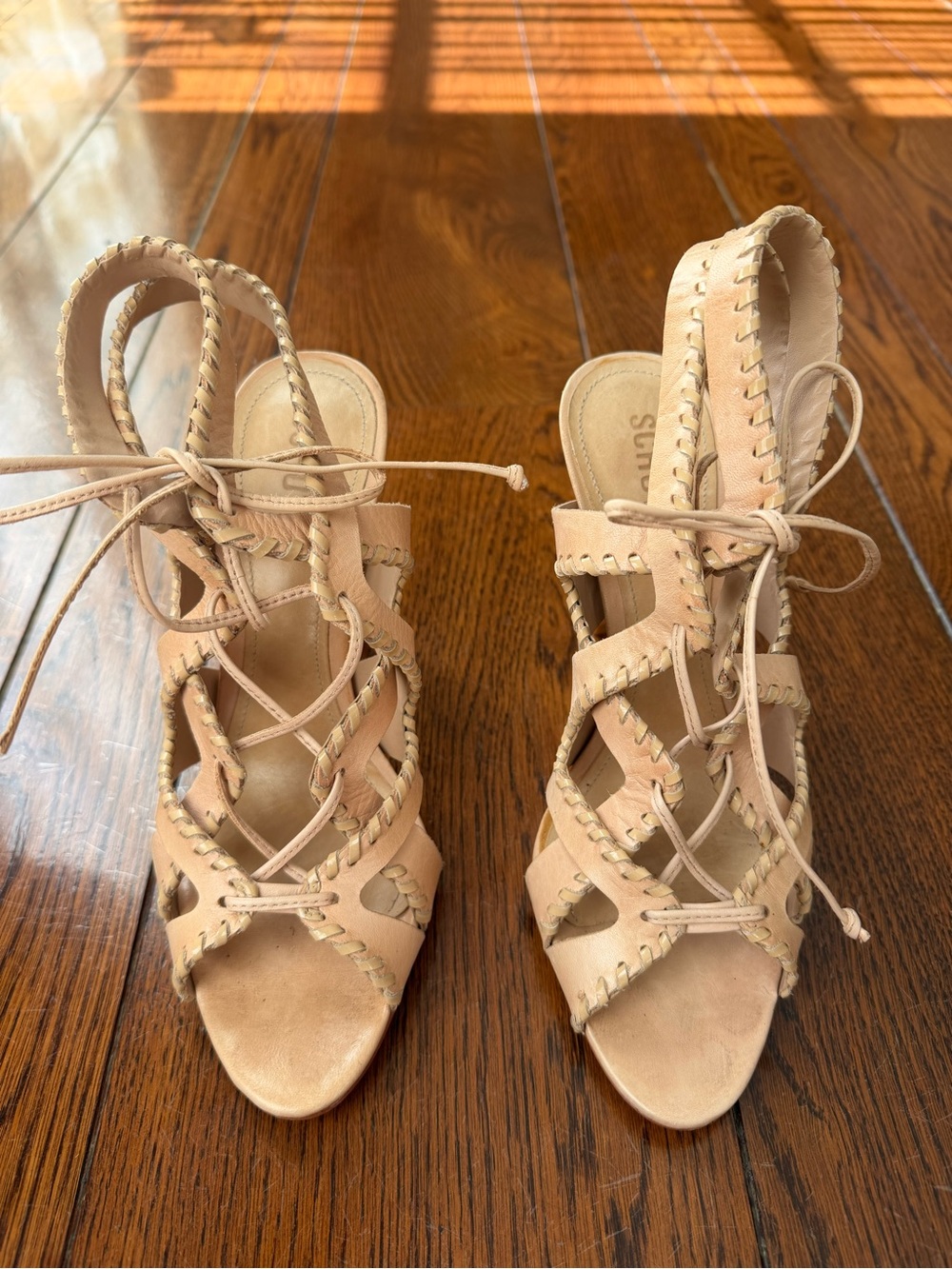 SCHUTZ Nude Beige Lace-Up Gladiator Heeled Sandals